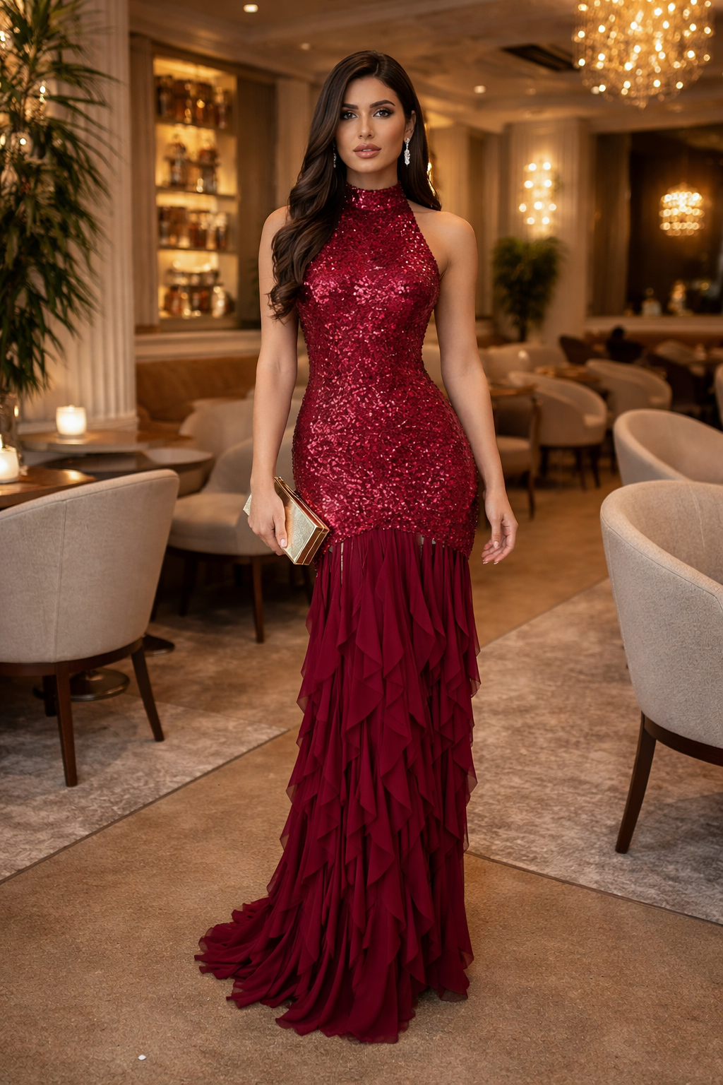 Crimson Sequin Cascade Gown